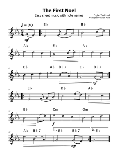 The First Noel - (Eb Major - with note names)