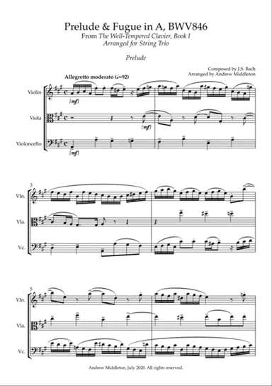 Prelude and Fugue in A BWV 864 arranged for String Trio