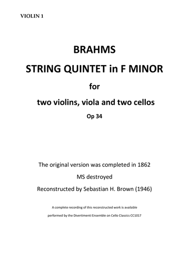 Brahms String Quintet Op34 for 2 vlns viola and 2 Cellos (Brown) COMPLETE SET