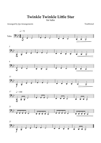Twinkle Twinkle Little Star for Tuba in Bb Major