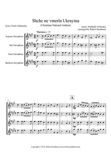Shche ne vmerla Ukrayina (Ukrainian National Anthem) - SAXOPHONE QUARTET - Score & Parts inc.