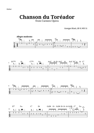 Chanson du Toreador by Bizet for Guitar TAB