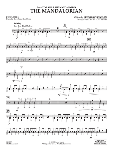 The Mandalorian (from Star Wars: The Mandalorian) (arr. Longfield) - Percussion 1