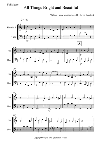 All Things Bright and Beautiful for French Horn and Tuba Duet