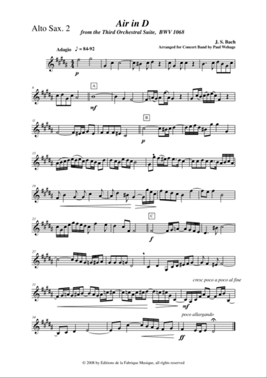 Johann Sebastian Bach/Wehage, Air in D from the Third orchestral suite, BWV 1068 arranged for concer