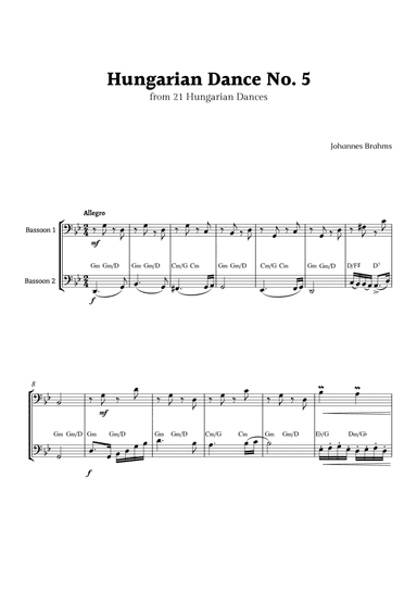 Hungarian Dance No. 5 by Brahms for Bassoon Duet