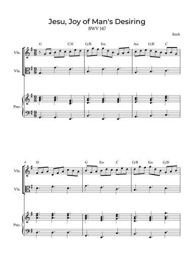 Jesu, Joy of Man's Desiring - Violin and Viola with piano and chords