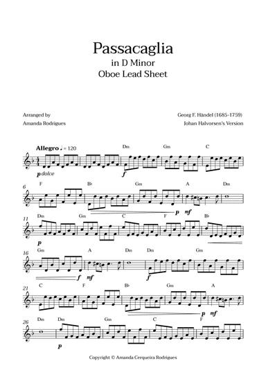 Passacaglia - Easy Oboe Lead Sheet in Fm Minor (Johan Halvorsen's Version)
