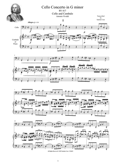 Vivaldi - Cello Concerto in G minor RV 417 for Cello and Cembalo (or Piano)