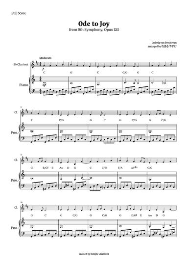 Ode to Joy for B-flat Clarinet with Piano by Beethoven Opus 125