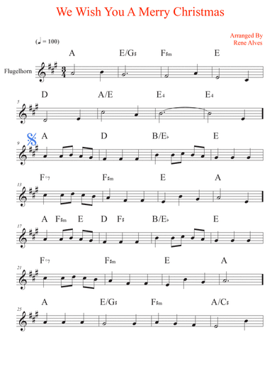 We Wish You A Merry Christmas, sheet music and flugelhorn melody for the beginning musician (easy).