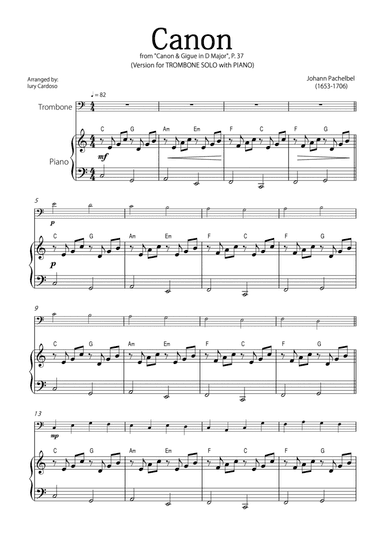"Canon" by Pachelbel - Version for TROMBONE with PIANO