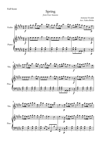 Spring (from Four Seasons of Antonio Vivaldi) for Violin Solo and Piano Accompaniment