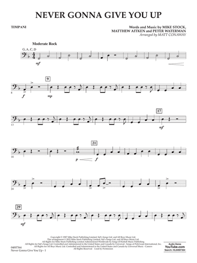 Never Gonna Give You Up (arr. Matt Conaway) - Timpani