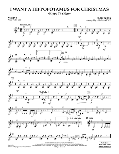 I Want A Hippopotamus For Christmas (arr. Larry Moore) - Violin 3 (Viola Treble Clef)