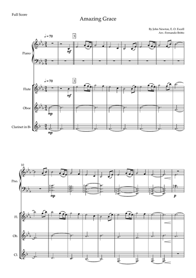Amazing Grace (John Newton, E. O. Excell) for Woodwind Trio and Piano Accompaniment with Chords