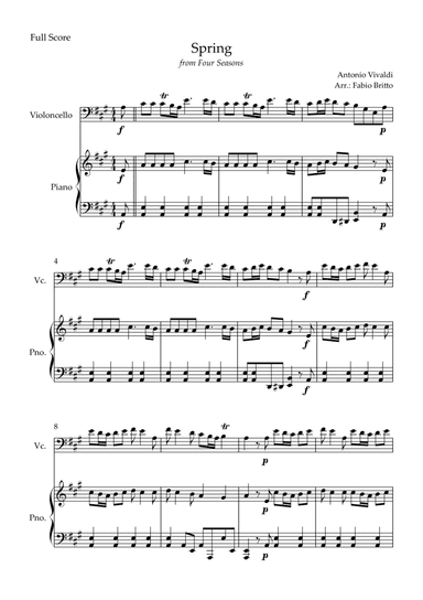 Spring (from Four Seasons of Antonio Vivaldi) for Cello Solo and Piano Accompaniment (In A Major)