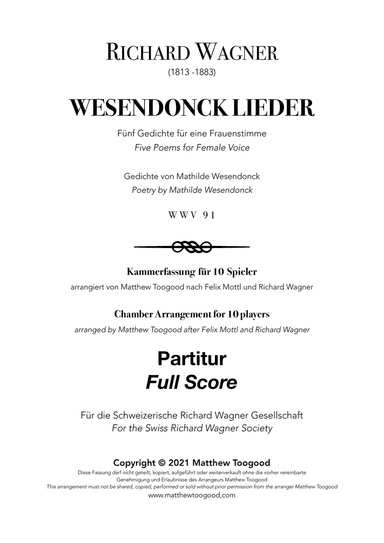 Wagner WESENDONCK LIEDER Chamber Orchestra FULL SCORE