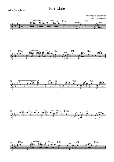 Für Elise (Beethoven) for Alto Saxophone Solo with Chords (Simplified)