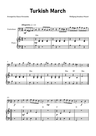 Turkish March by Mozart - Double Bass and Piano with Chord Notations