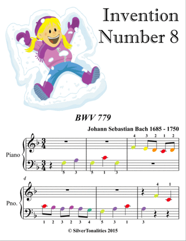 Invention Number 8 BWV 779 Beginner Piano Sheet Music with Colored Notes