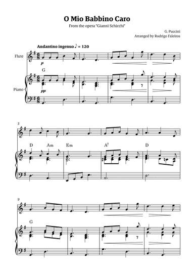 O Mio Babbino Caro - for flute solo (with piano accompaniment and chords)
