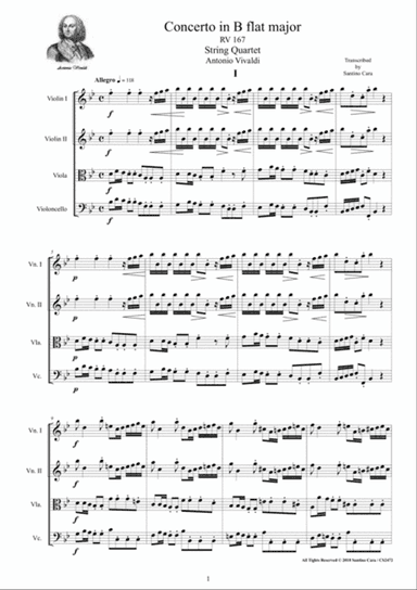 Vivaldi - Concerto in B flat major RV 167 for String Quartet - Score and Parts