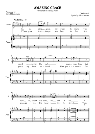 Amazing Grace (for tenor vocal with easy piano)