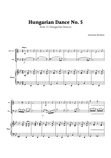 Hungarian Dance No. 5 by Brahms for Horn in F and Tuba Duet with Piano
