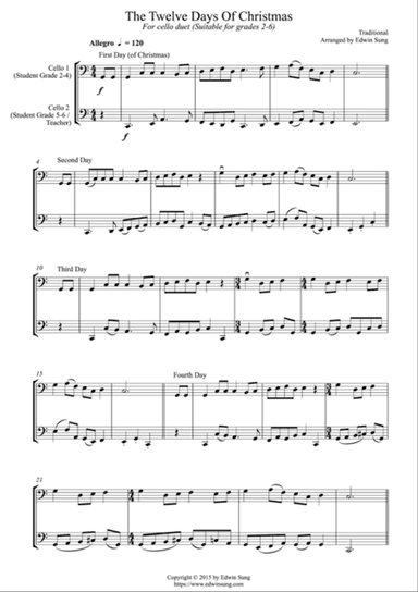The Twelve Days of Christmas (for cello duet, suitable for grades 2-6)