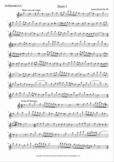 James Hook, 6 Duetts op. 58 for 2 Recorders in F, 1st part