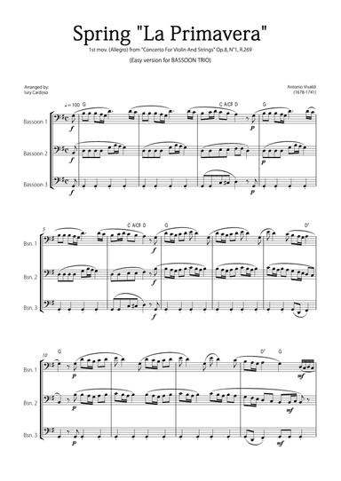 "Spring" (La Primavera) by Vivaldi - Easy version for BASSOON TRIO