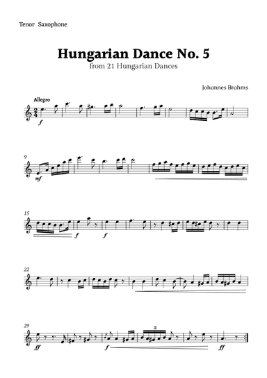 Hungarian Dance No. 5 by Brahms for Tenor Sax Solo