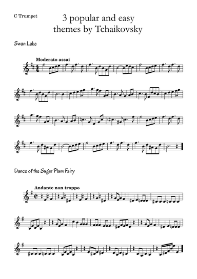 3 popular and easy themes by Tchaikovsky with accompaniment and chord symbols for C Trumpet