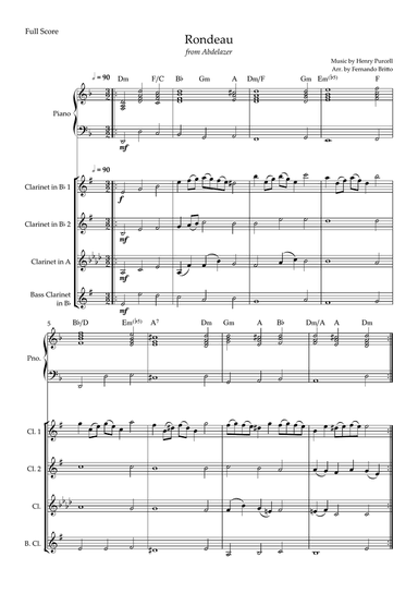 Rondeau (from Abdelazer) for Clarinet Quartet and Piano Accompaniment with Chords