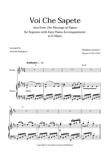 Voi Che Sapete from "The Marriage of Figaro" - Easy Tenor and Piano Aria Duet with Chords in D Major