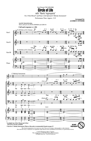 Circle Of Life (with Nants' Ingonyama) (from The Lion King) (Arr. Audrey Snyder)