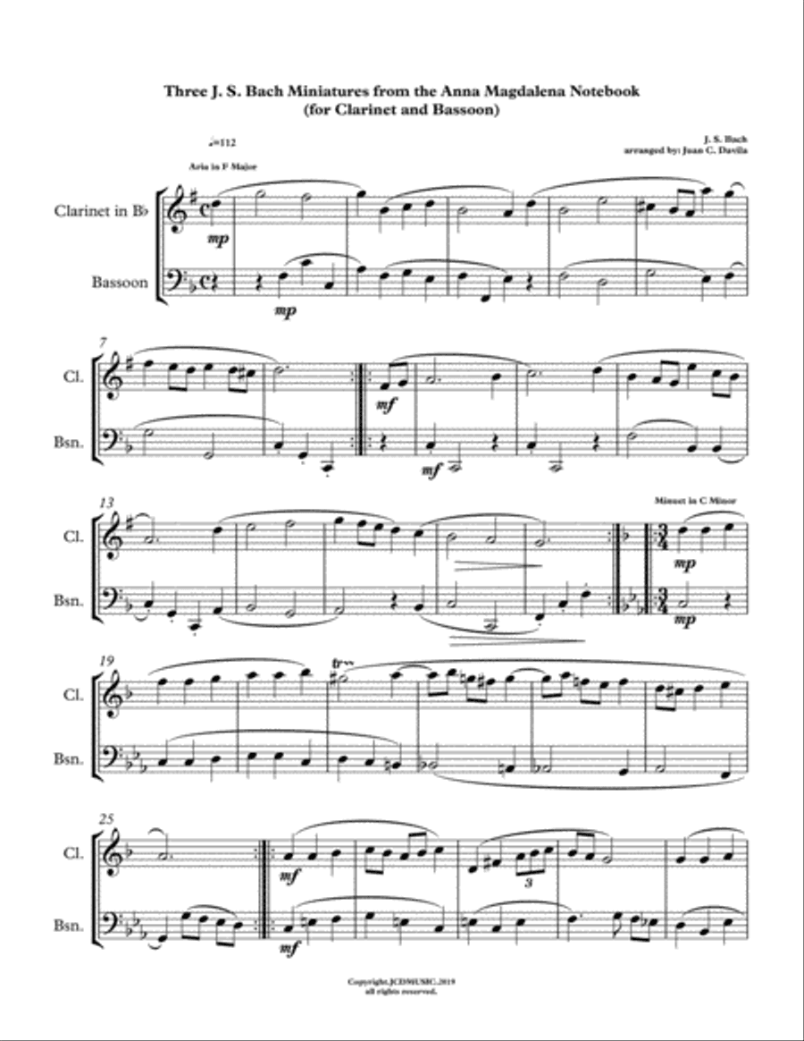 Three J. S. Bach Miniatures from the Anna Magdalena Notebook (for Clarinet and Bassoon)
