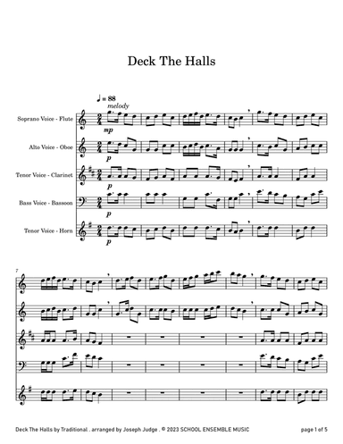 Deck The Halls for Woodwind Quartet in Schools