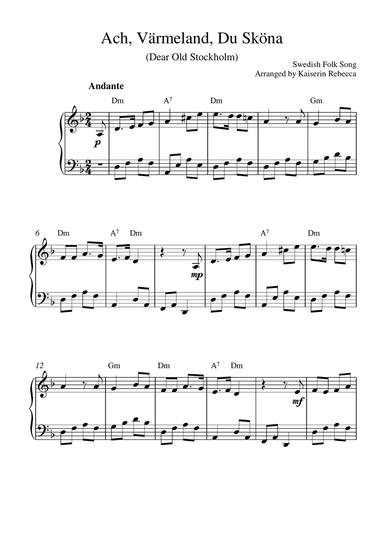 Ach, Värmeland, Du Sköna (Dear Old Stockholm) (piano solo with chords)