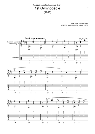 Erik Satie - 1st Gymnopédie. Arrangement for Classical Guitar. Score and Tablature