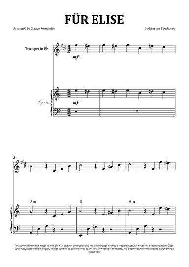Für Elise by Beethoven - Trumpet and Piano with Chord Notation