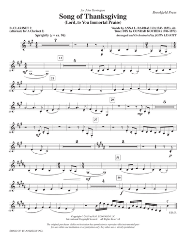 Song of Thanksgiving (Lord, to You Immortal Praise) (arr. Leavitt) - Bb Clarinet 2 (sub. A Cl. 2)