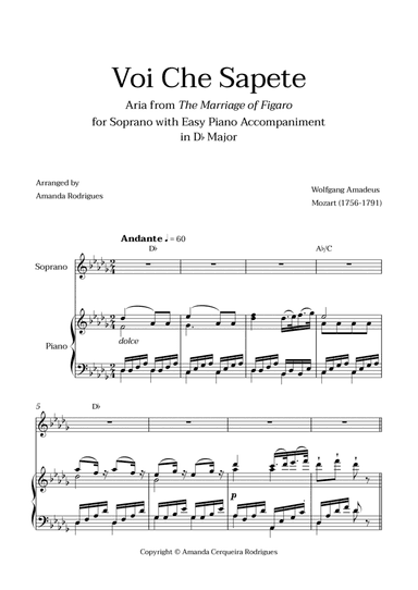 Voi Che Sapete from "The Marriage of Figaro" - Easy Soprano and Piano Aria Duet with Chords in Db Ma