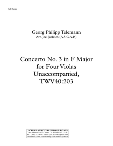 Concerto No. 3 in F Major for Four Violas Unaccompanied, TWV40:203