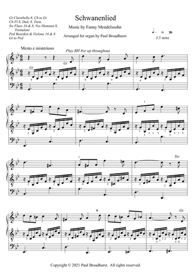 Schwanenlied (Swan Song) Opus 1, No. 1 by Fanny Mendelssohn (Fanny Hershel), pipe organ arrangement