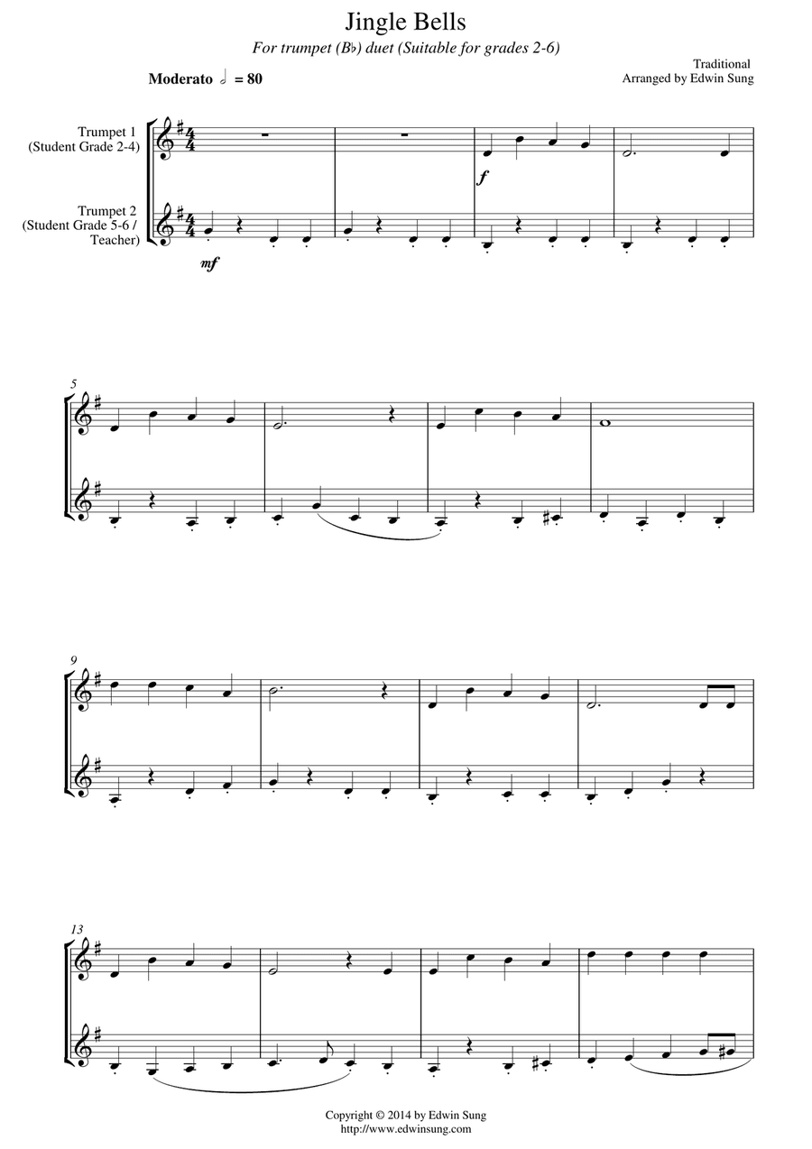 Jingle Bells (for trumpet (Bb) duet, suitable for grades 2-6)