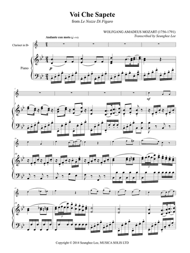 Mozart: Voi Che Sapete for Clarinet and Piano