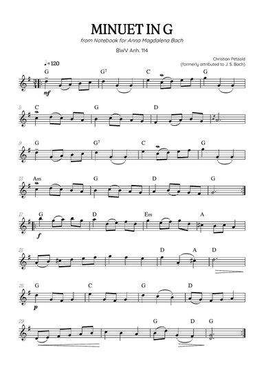Petzold (Bach) Minuet in G • BWV Anh 114 | violin solo (with chords)