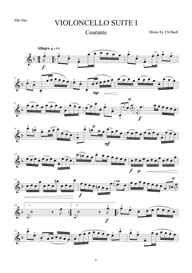 Courante from Violoncello Suite I by J.S.Bach for Alto Saxophone
